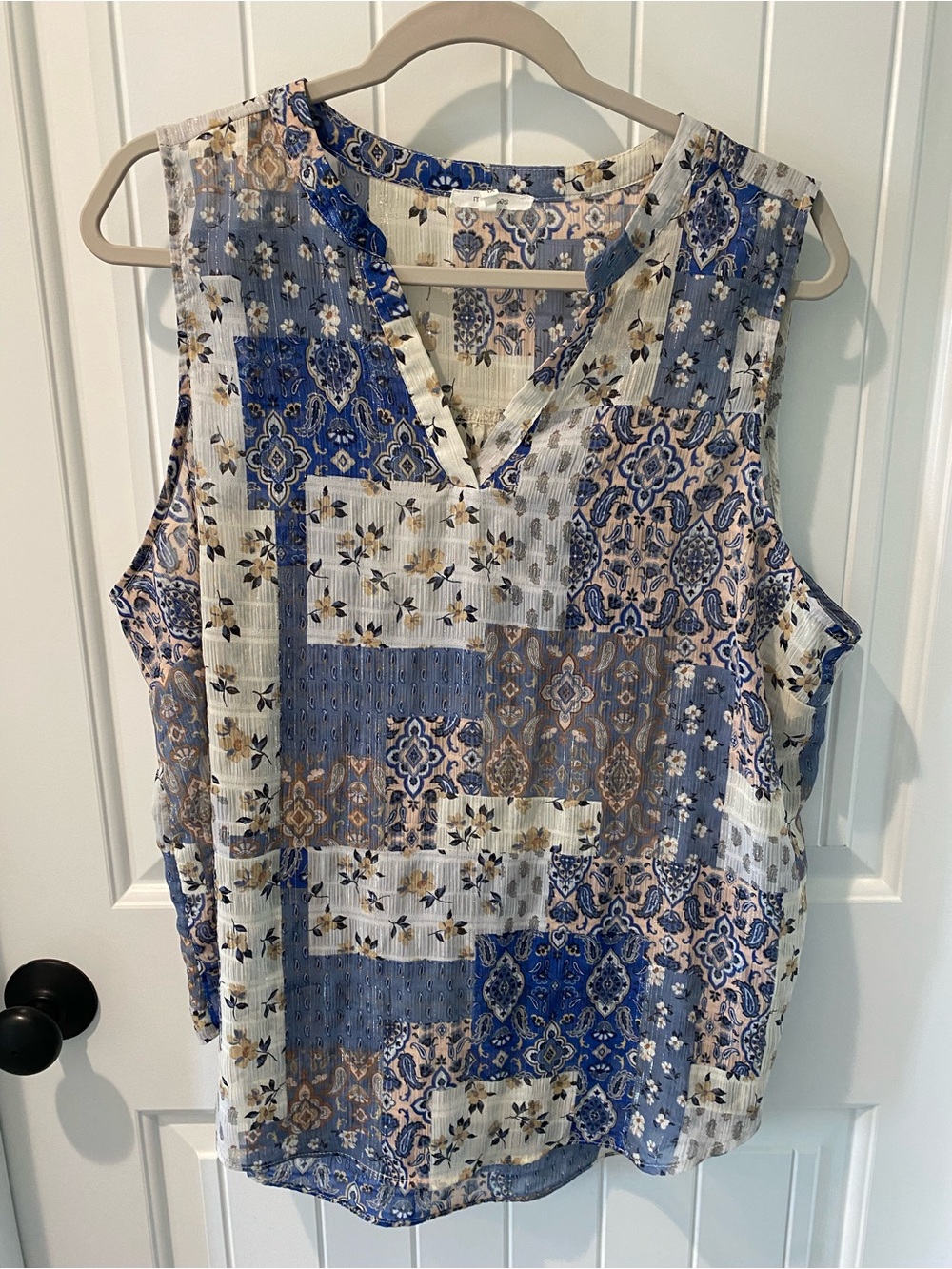 Maurices Patchwork Print V-Neck Sleeveless Top in Blue and Cream